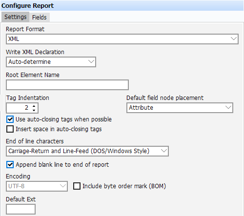 This image shows the Configure Report area within the Report editor.  The XML Report Format is selected.
